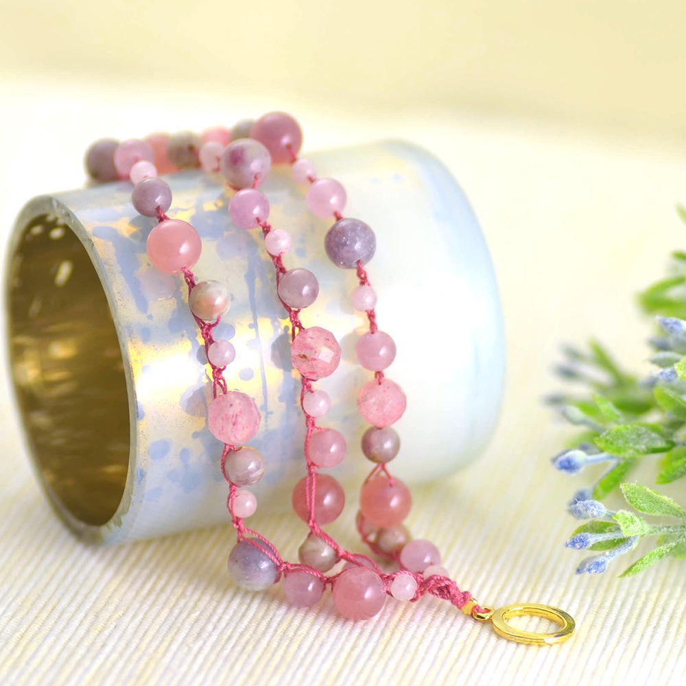 レピドライト ストロベリー クォーツ 3連ニットブレスレット