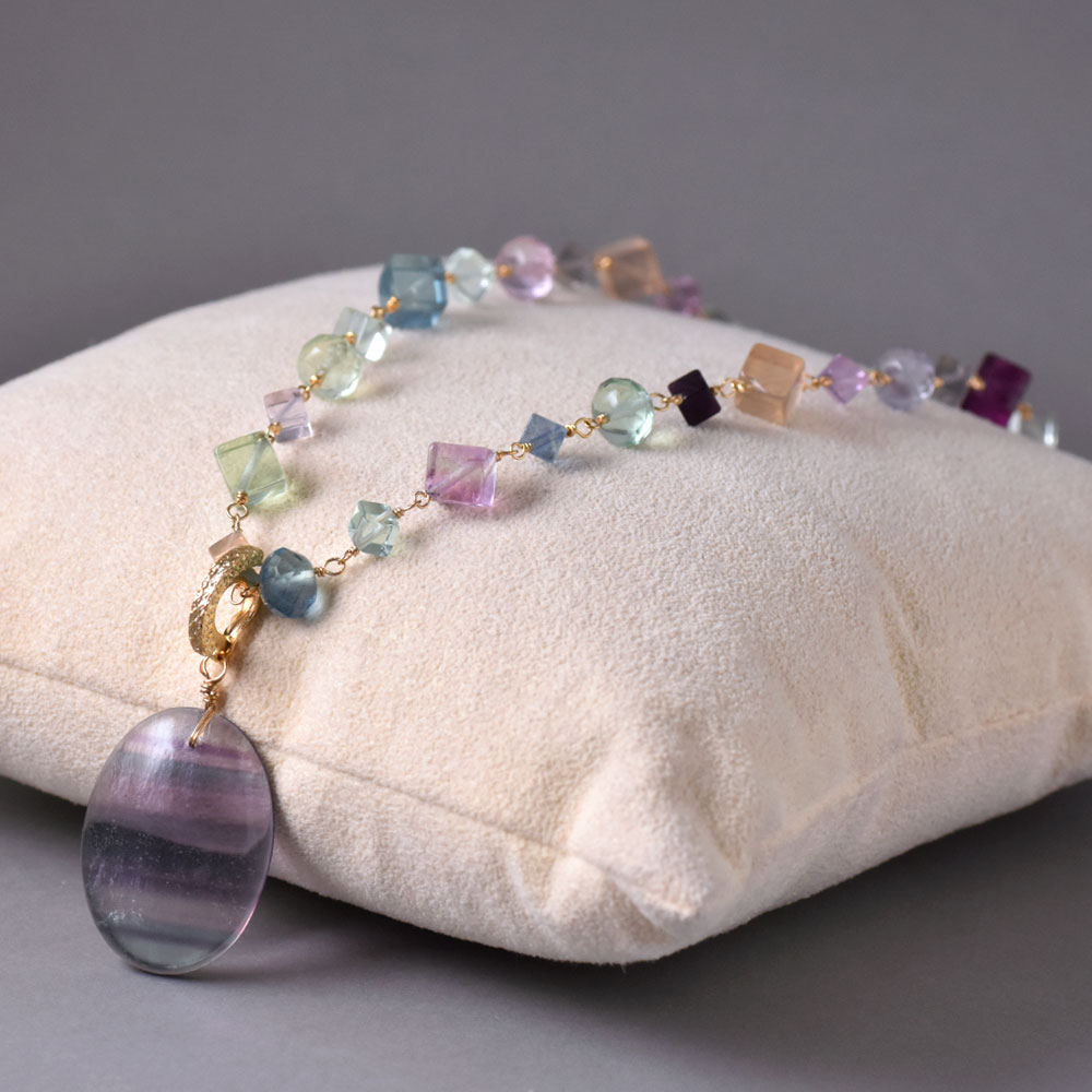 マルチカラー フローライト オーバルペンダントネックレス