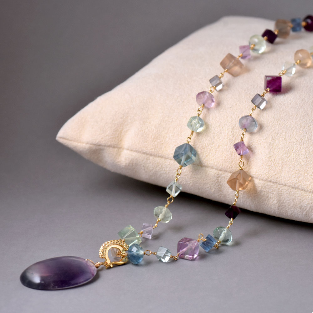 マルチカラー フローライト オーバルペンダントネックレス