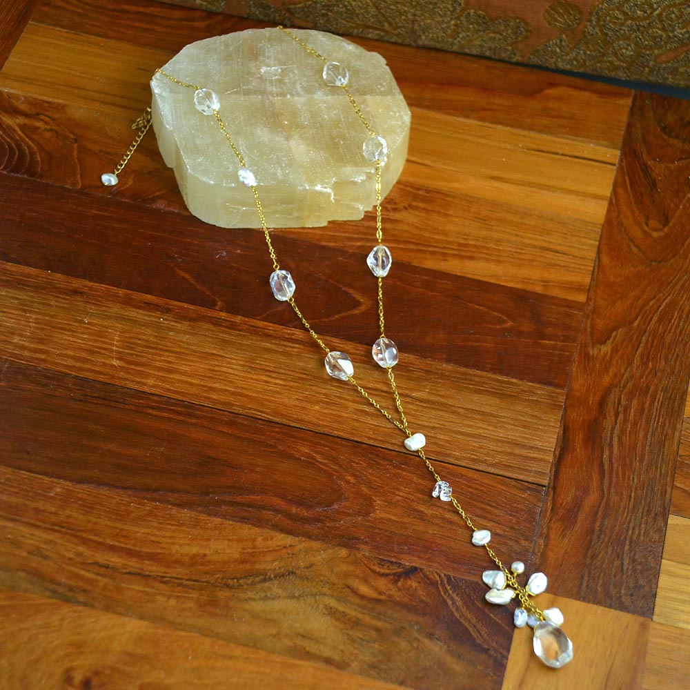 クォーツ ケシ淡水パール Y字ネックレス