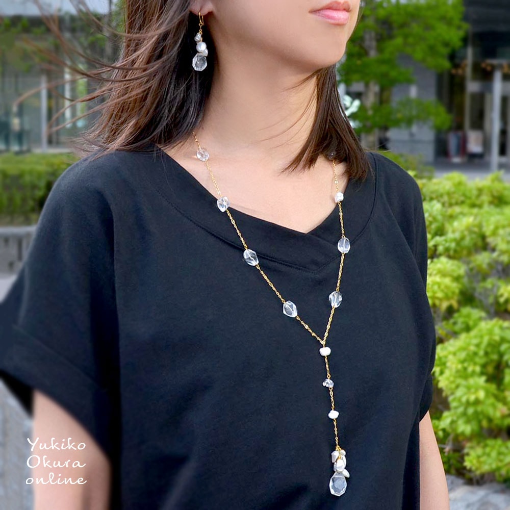 クォーツ ケシ淡水パール Y字ネックレス