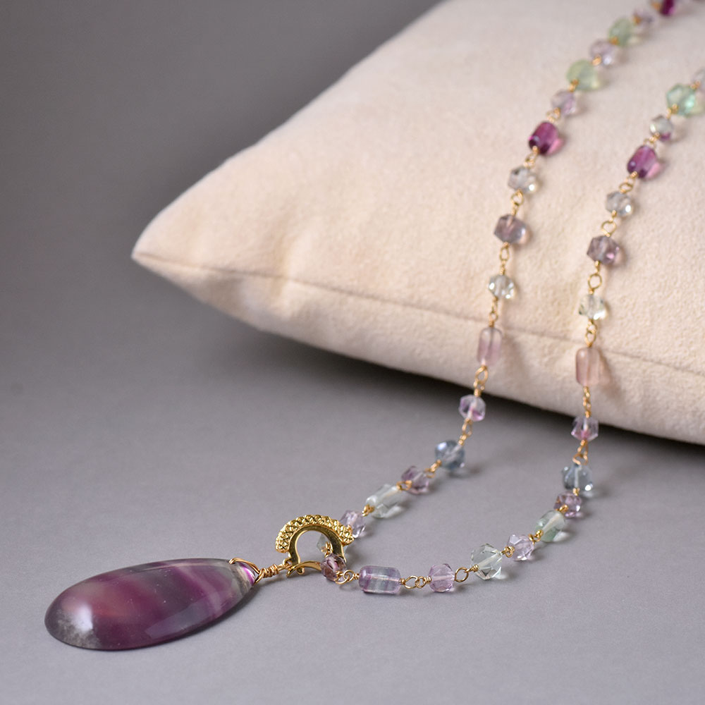 フローライト パープル ライトグリーン トップつきネックレス