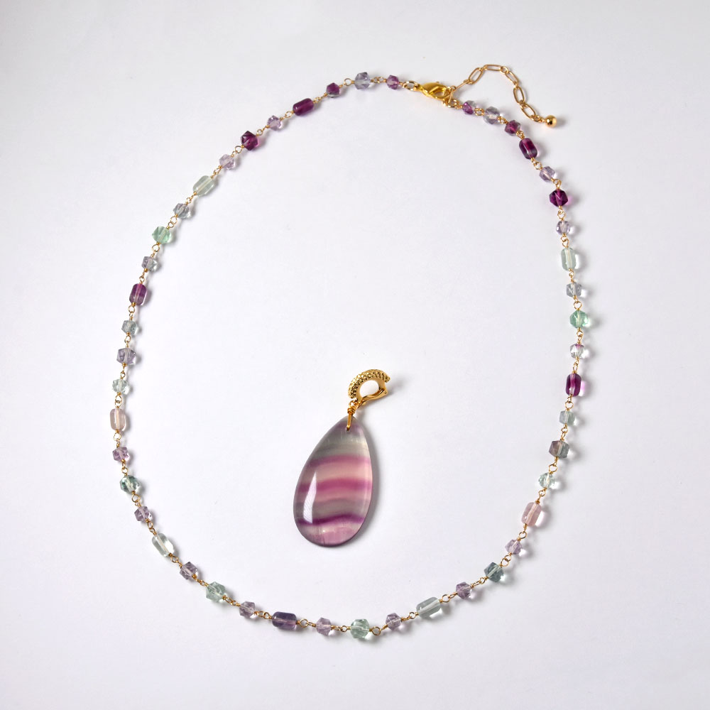 フローライト パープル ライトグリーン トップつきネックレス