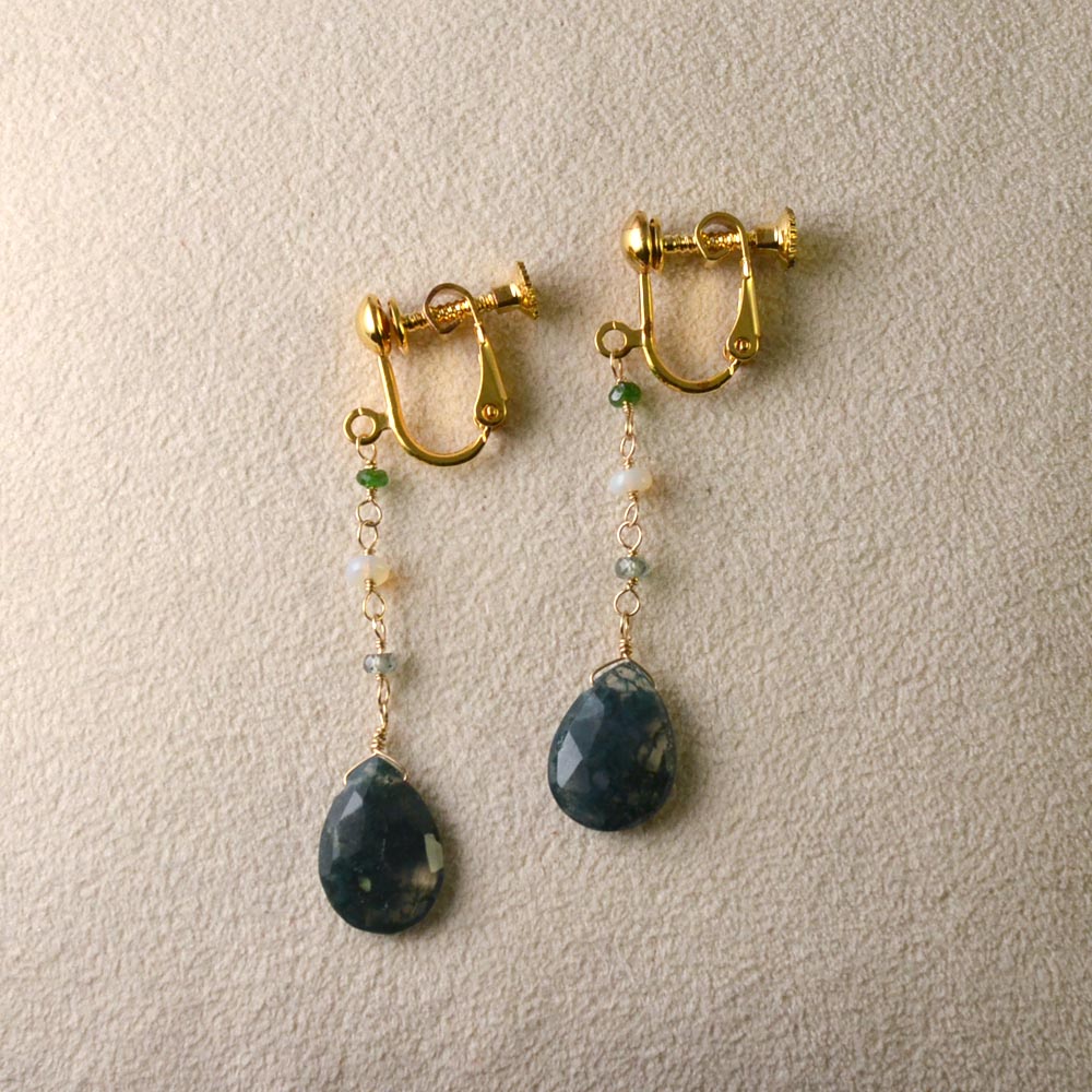 K18 モスアゲイト エチオピアオパール マルチサファイア サボライト フリンジ イヤリング ピアス