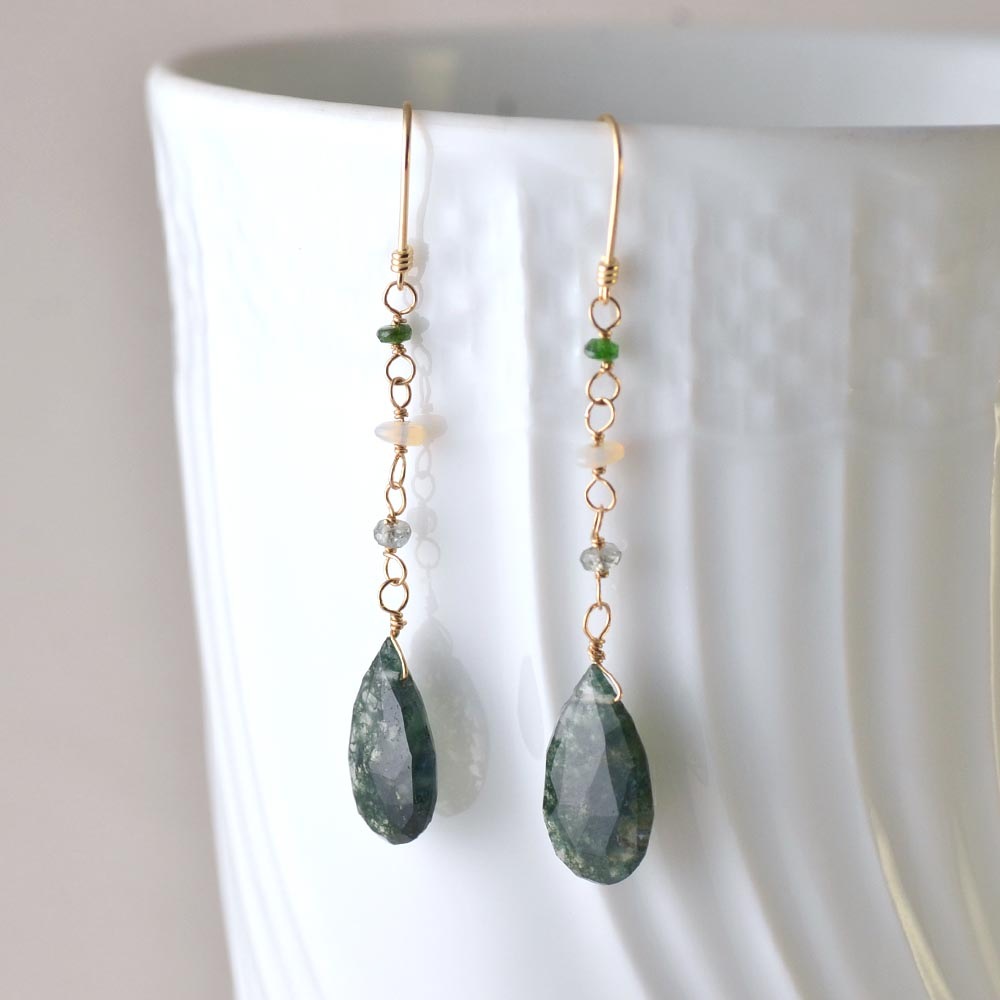 K18 モスアゲイト エチオピアオパール マルチサファイア サボライト フリンジ イヤリング ピアス