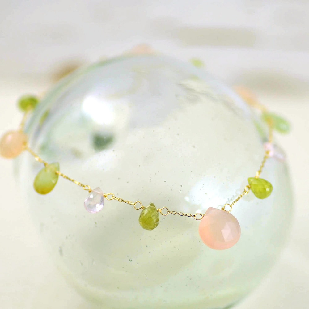 K18 ピンク カルセドニー オパール グリーン ガーネット ローズクォーツ フリンジブレスレット