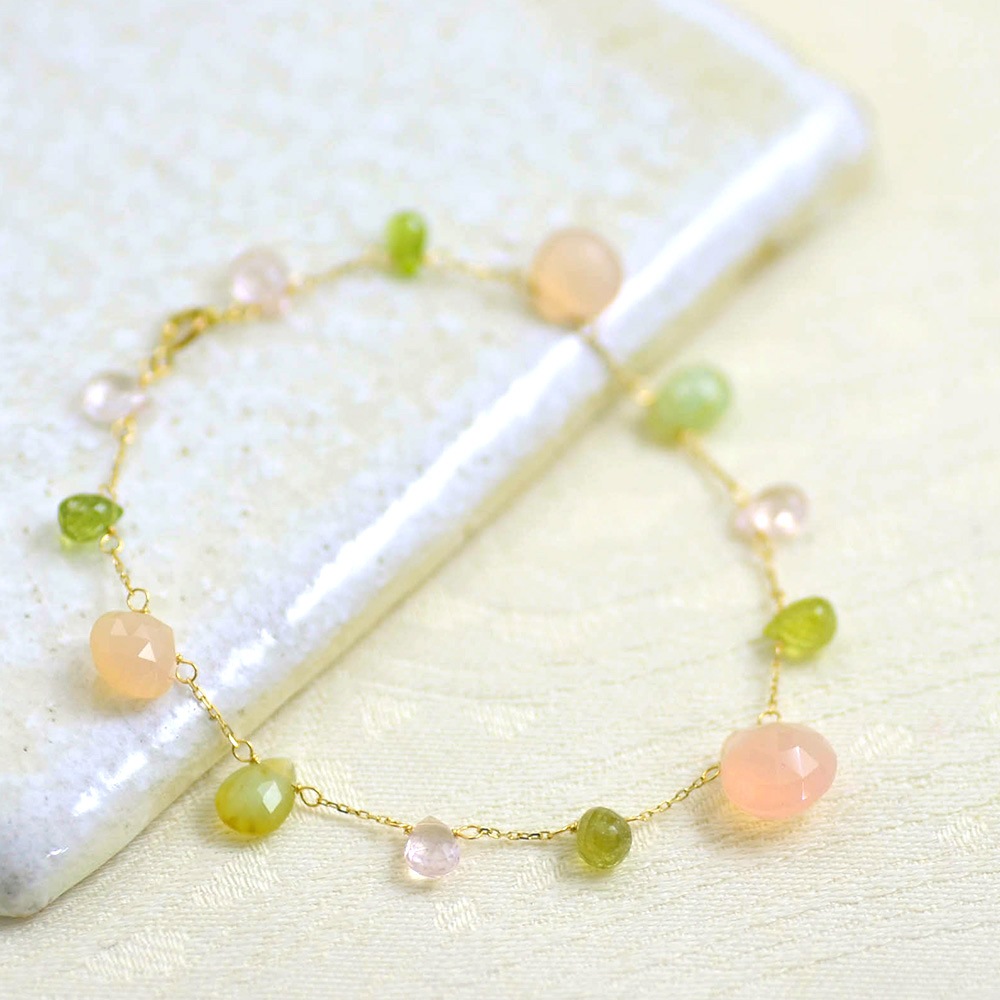 K18 ピンク カルセドニー オパール グリーン ガーネット ローズクォーツ フリンジブレスレット