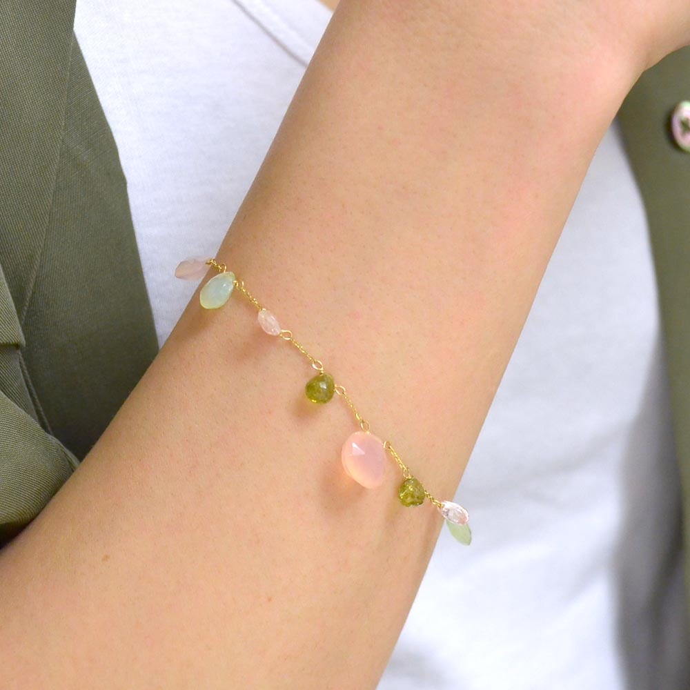 K18 ピンク カルセドニー オパール グリーン ガーネット ローズクォーツ フリンジブレスレット