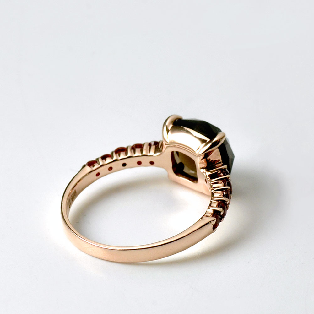 SV925(ピンクゴールドカラー) スモーキークォーツ ガーネット リング