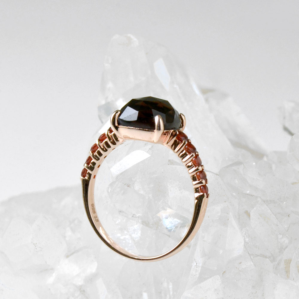 SV925(ピンクゴールドカラー) スモーキークォーツ ガーネット リング