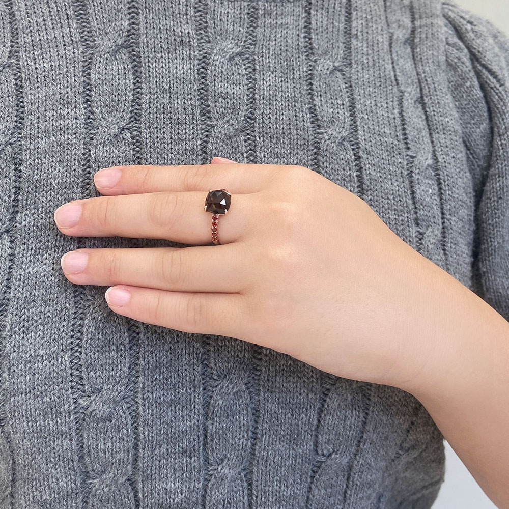 SV925(ピンクゴールドカラー) スモーキークォーツ ガーネット リング