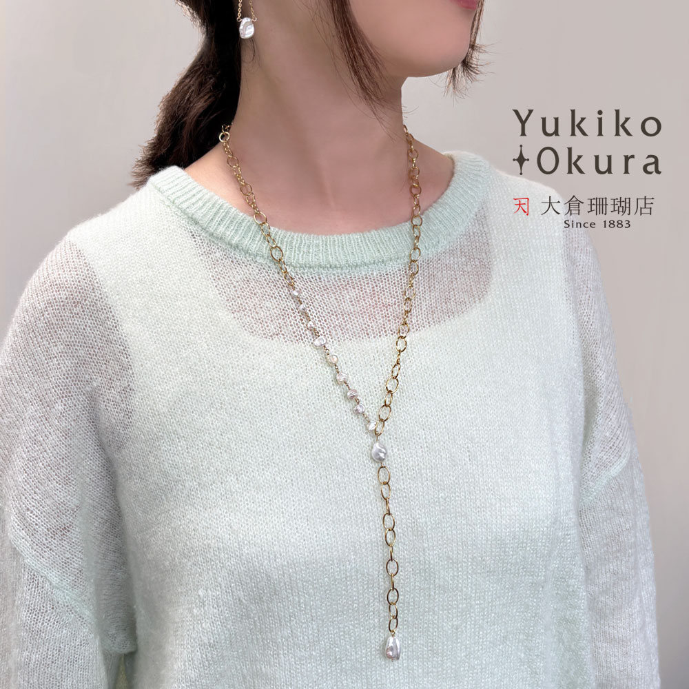 ケシ淡水パールバロック ゴールドカラーチェーン Y字ネックレス