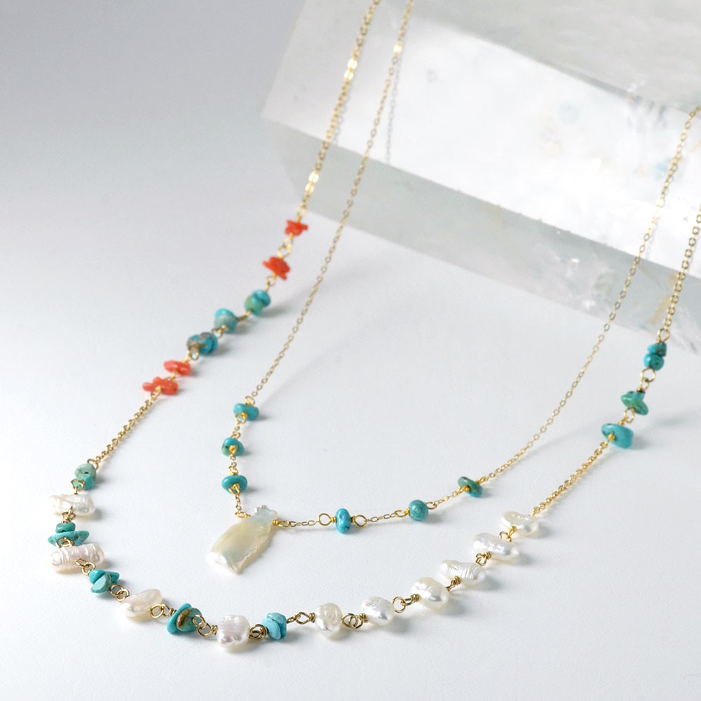 ケシ淡水パール ターコイズ 胡渡り珊瑚 2連ネックレス