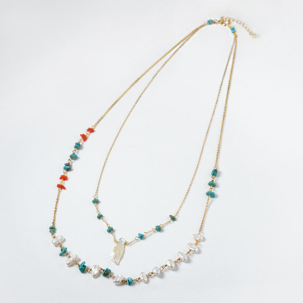 ケシ淡水パール ターコイズ 胡渡り珊瑚 2連ネックレス