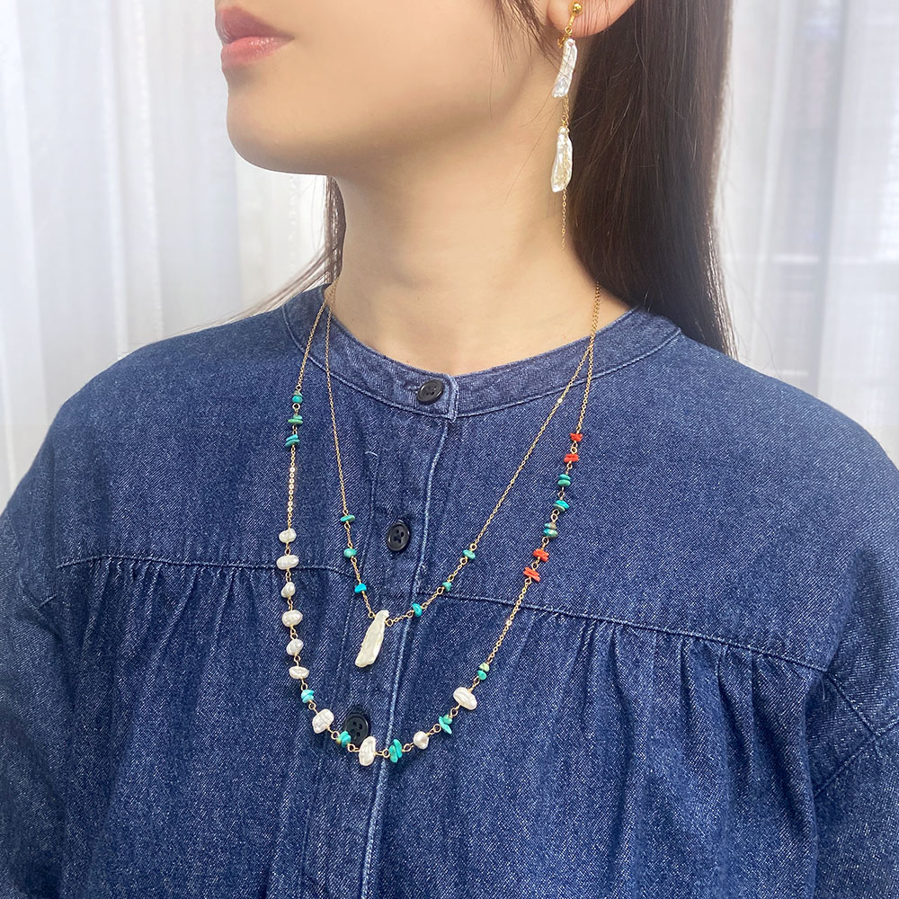 ケシ淡水パール ターコイズ 胡渡り珊瑚 2連ネックレス