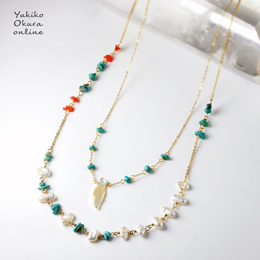 ケシ淡水パール ターコイズ 胡渡り珊瑚 2連ネックレス