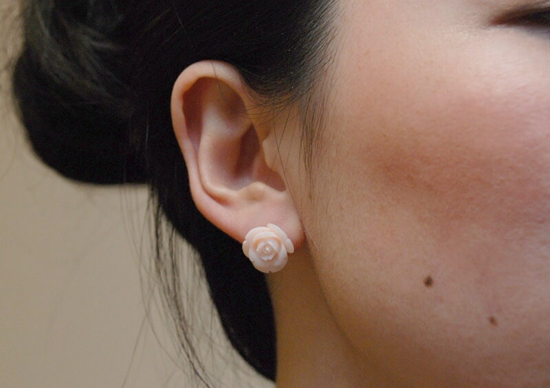 K18 ミス珊瑚 バラ ピアス 【約12mm ピンク ～ホワイト ピンク