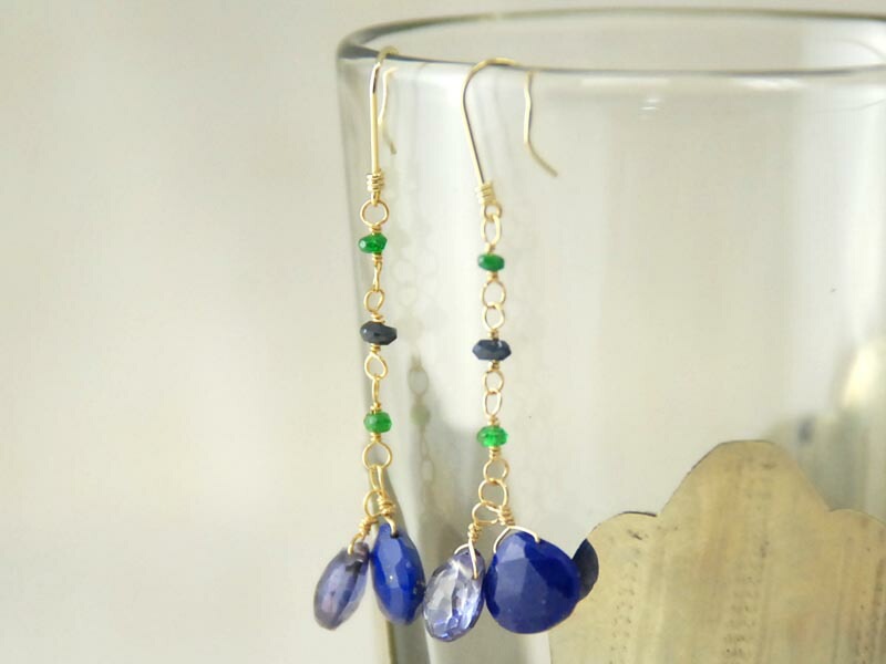 K18 ラピスラズリ ブルークォーツ サボライト ロング ピアス