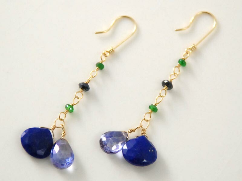 K18 ラピスラズリ ブルークォーツ サボライト ロング ピアス