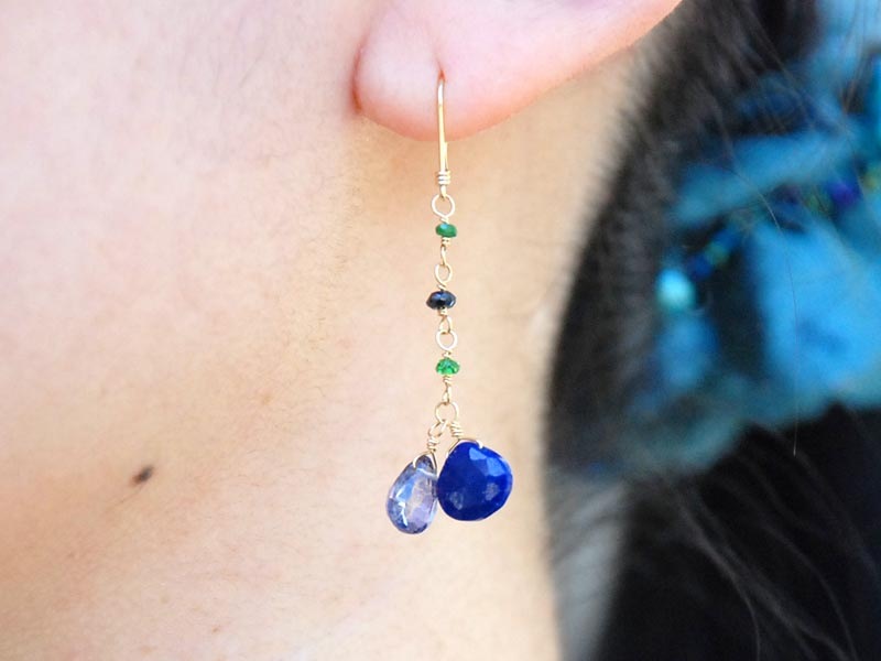 K18 ラピスラズリ ブルークォーツ サボライト ロング ピアス