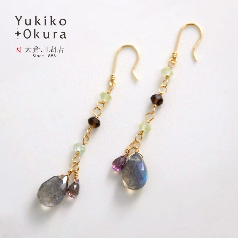 K18 ラブラドライト サファイア ロング ピアス