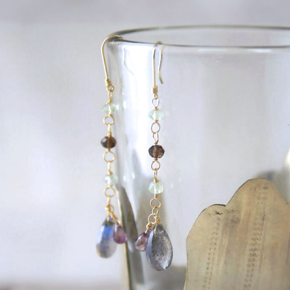 K18 ラブラドライト サファイア ロング ピアス