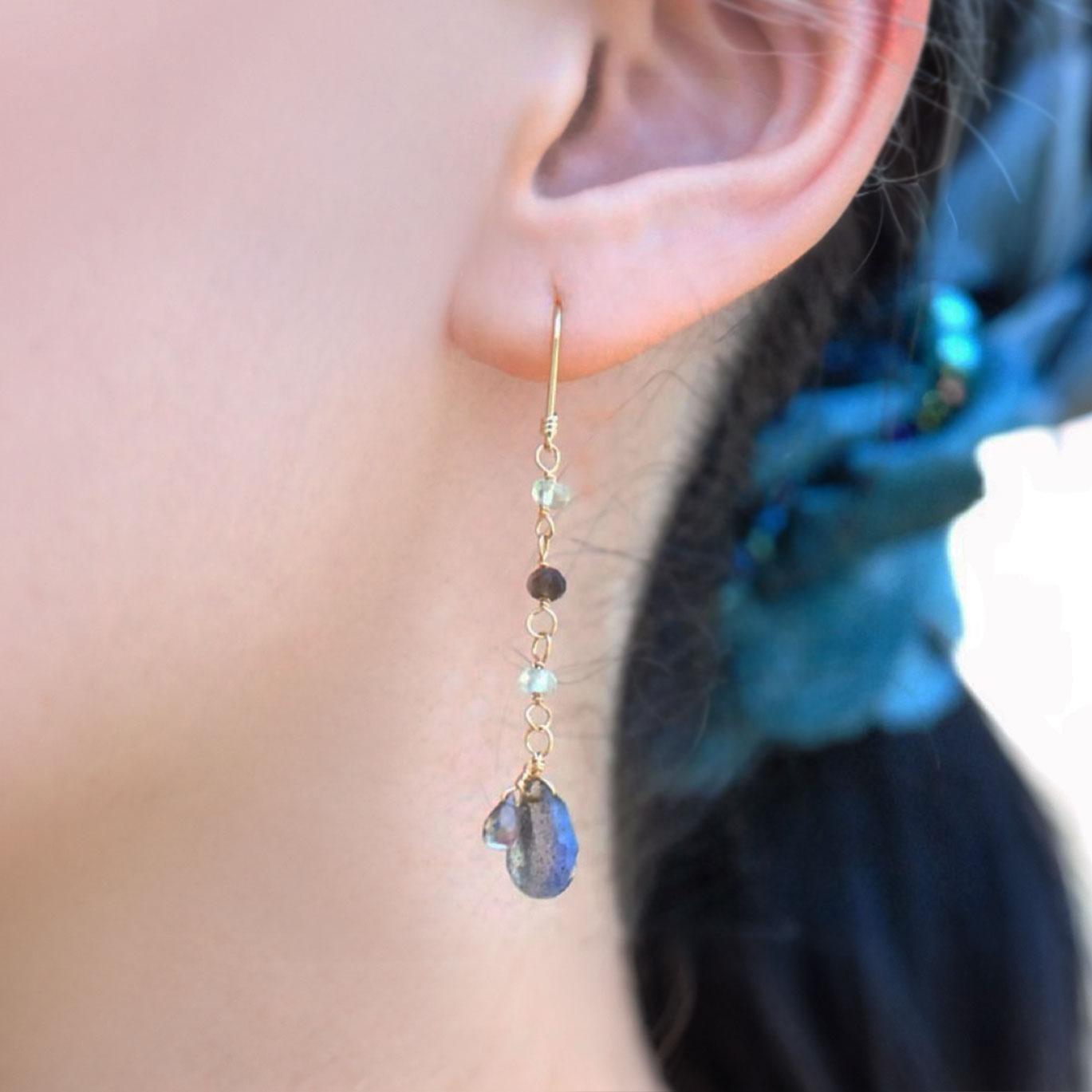 K18 ラブラドライト サファイア ロング ピアス