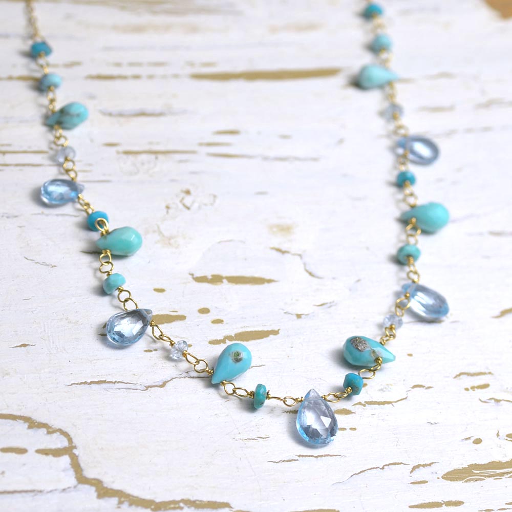 K18 ターコイズ ブルートパーズ フリンジネックレス