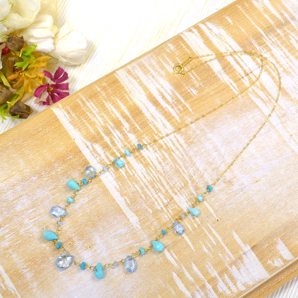 K18 ターコイズ ブルートパーズ フリンジネックレス