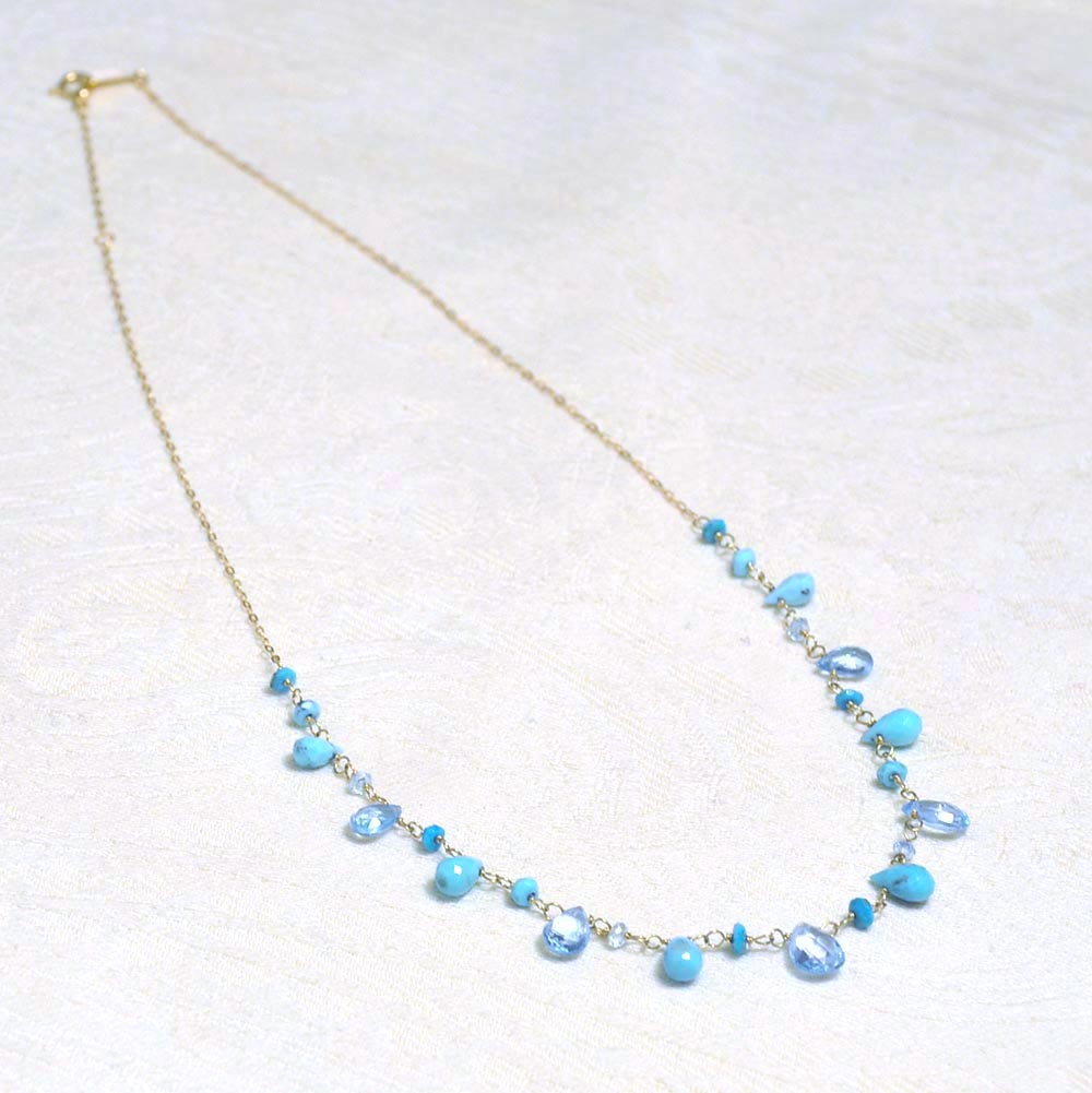 K18 ターコイズ ブルートパーズ フリンジネックレス