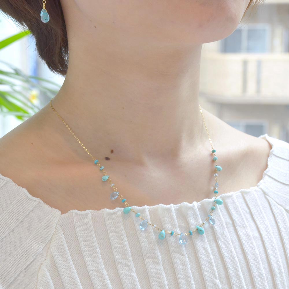 K18 ターコイズ ブルートパーズ フリンジネックレス