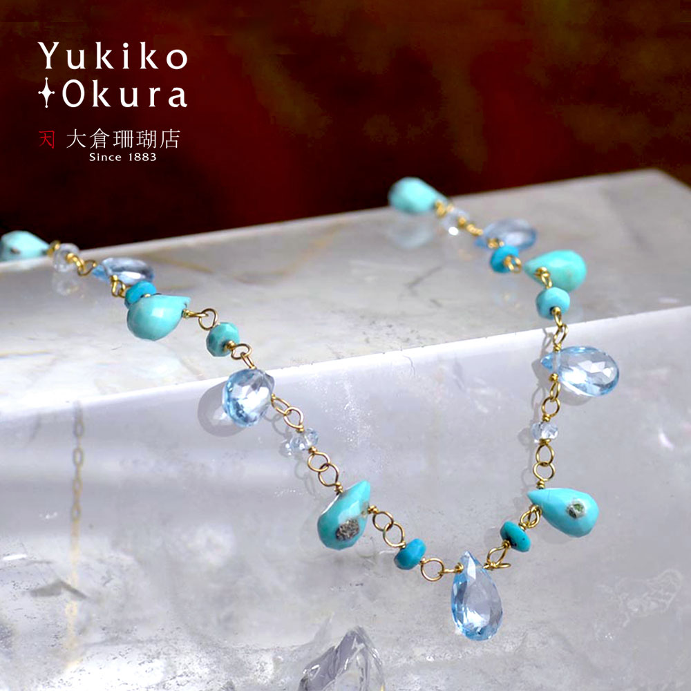K18 ターコイズ ブルートパーズ フリンジネックレス