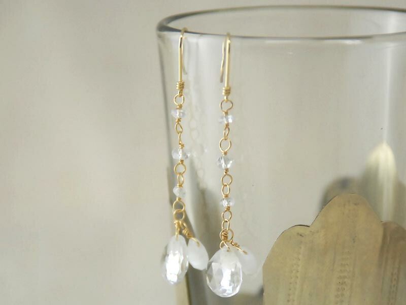 K18 ホワイトトパーズ ホワイトクォーツ ロング ピアス