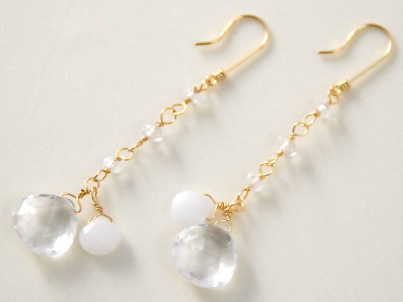 K18 ホワイトトパーズ ホワイトクォーツ ロング ピアス