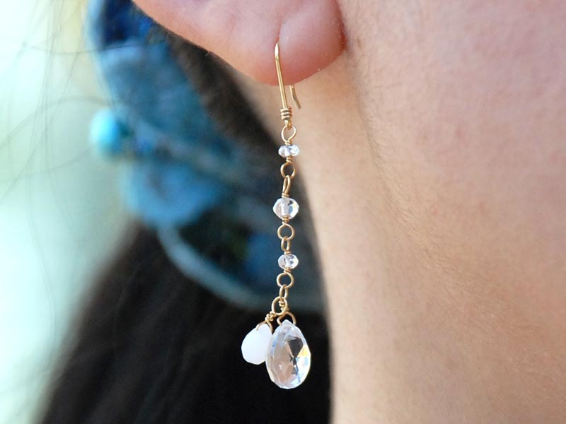 K18 ホワイトトパーズ ホワイトクォーツ ロング ピアス