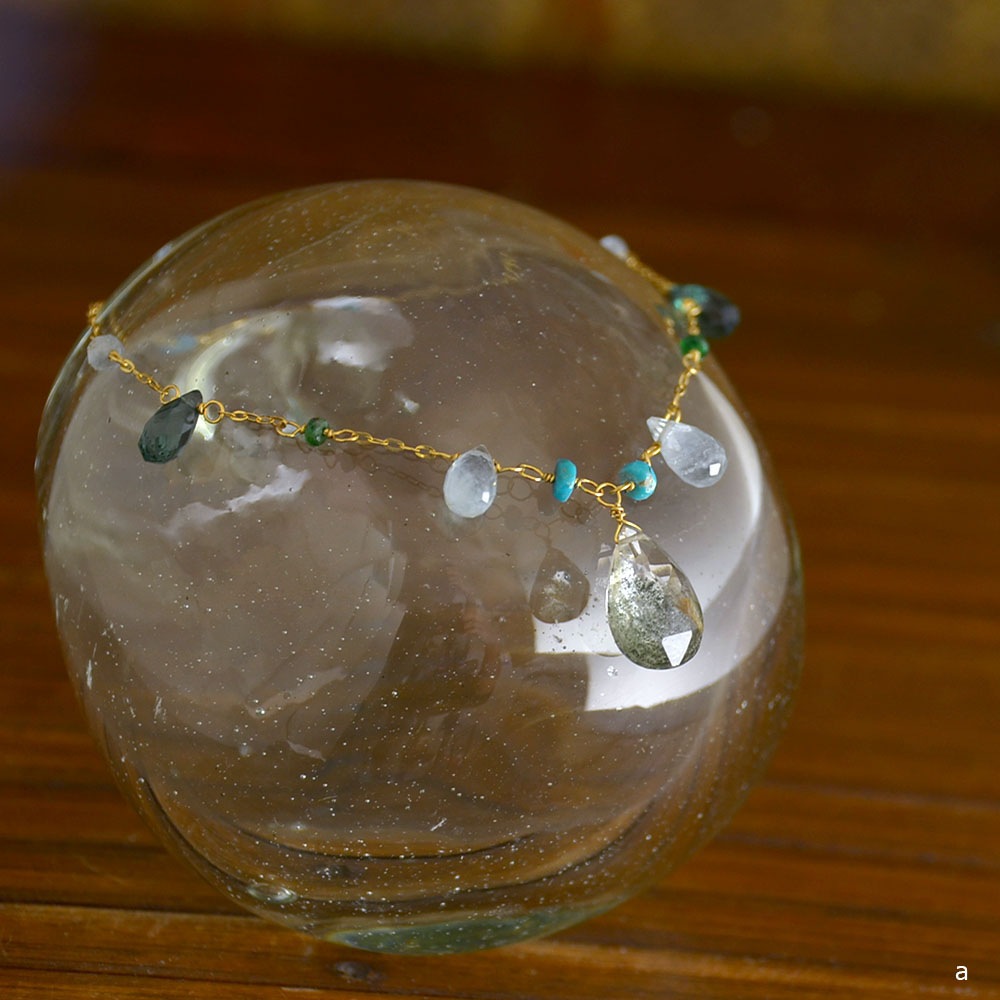 K18 グリーンルチルクォーツ グリーンアパタイト アクアマリン ターコイズ フリンジブレスレット