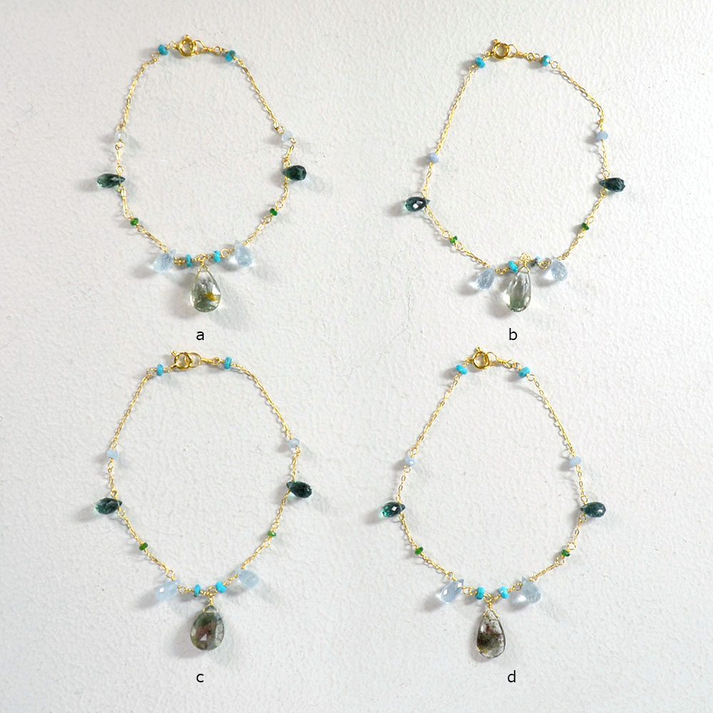 K18 グリーンルチルクォーツ グリーンアパタイト アクアマリン ターコイズ フリンジブレスレット