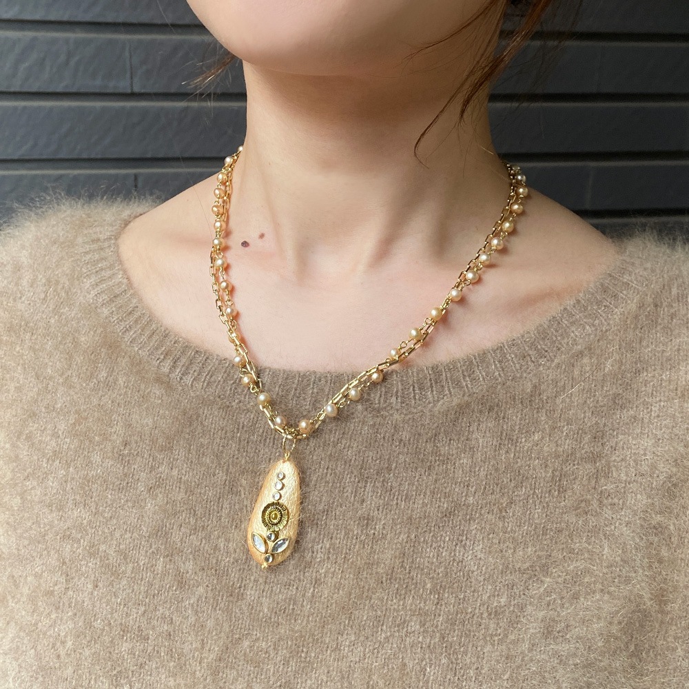 インドパーツ シャンパン淡水ネックレス ジュエリーポーチ付