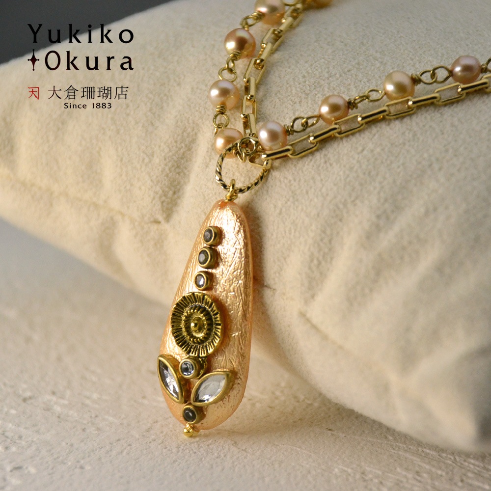 インドパーツ シャンパン淡水ネックレス ジュエリーポーチ付