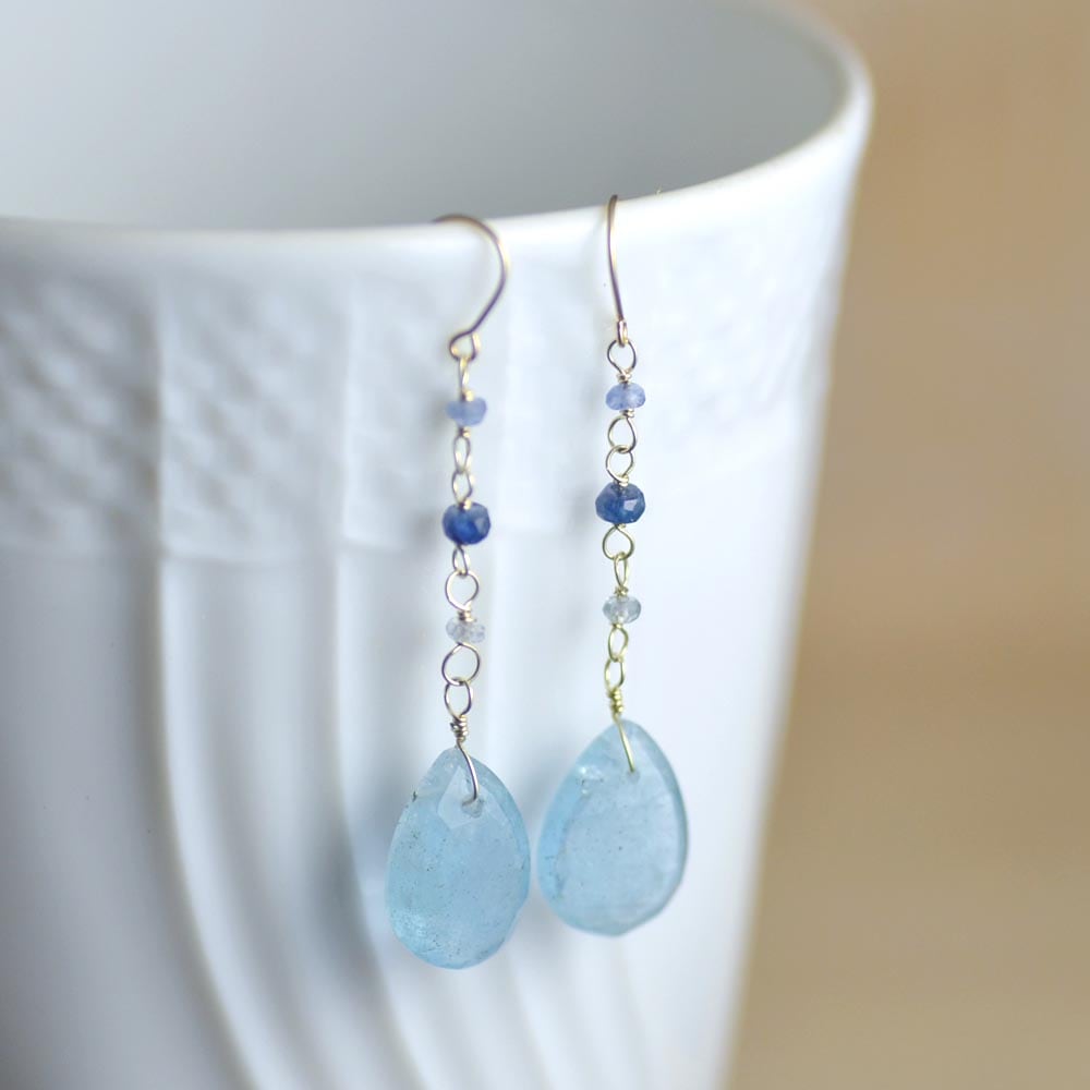 K10 アクアマリン サファイア フリンジイヤリングピアス