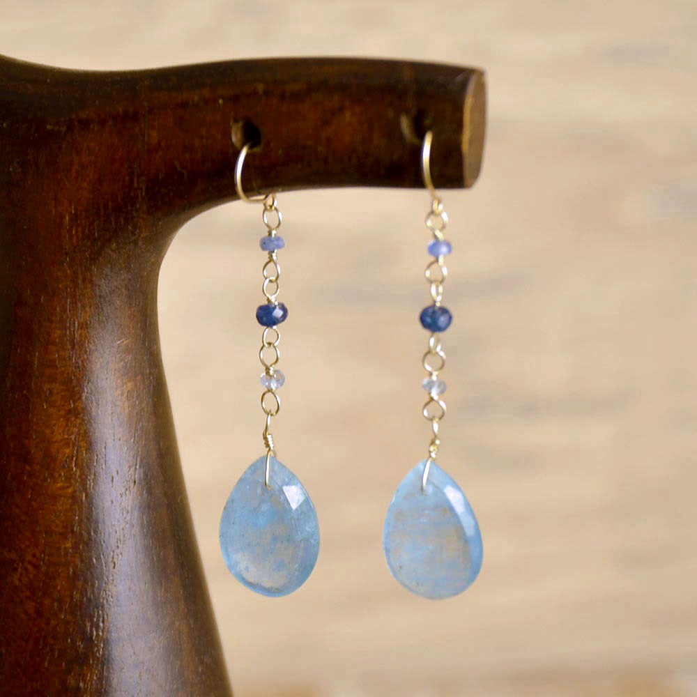 K10 アクアマリン サファイア フリンジイヤリングピアス