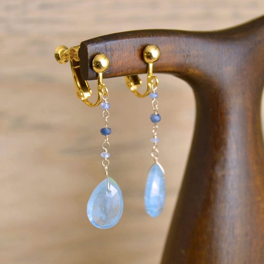 K10 アクアマリン サファイア フリンジイヤリングピアス