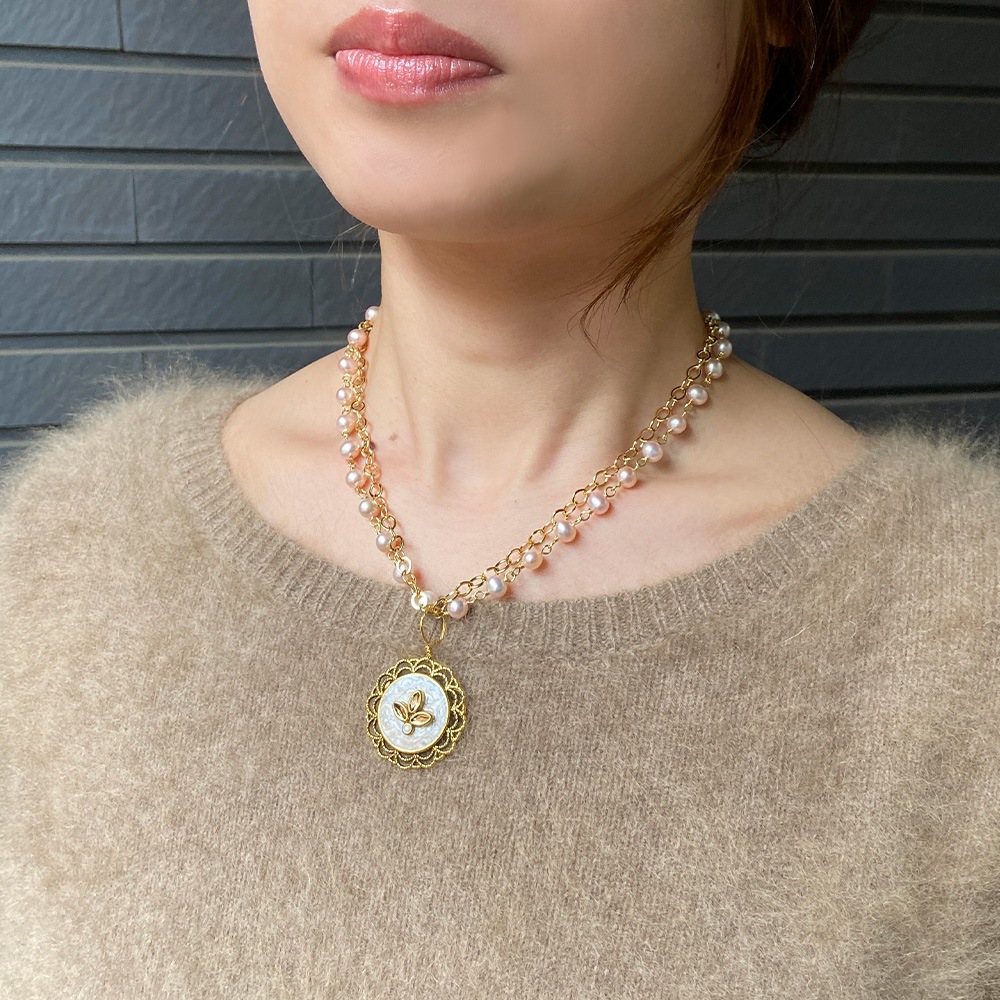 インドパーツ ピンク淡水ネックレス ジュエリーポーチ付