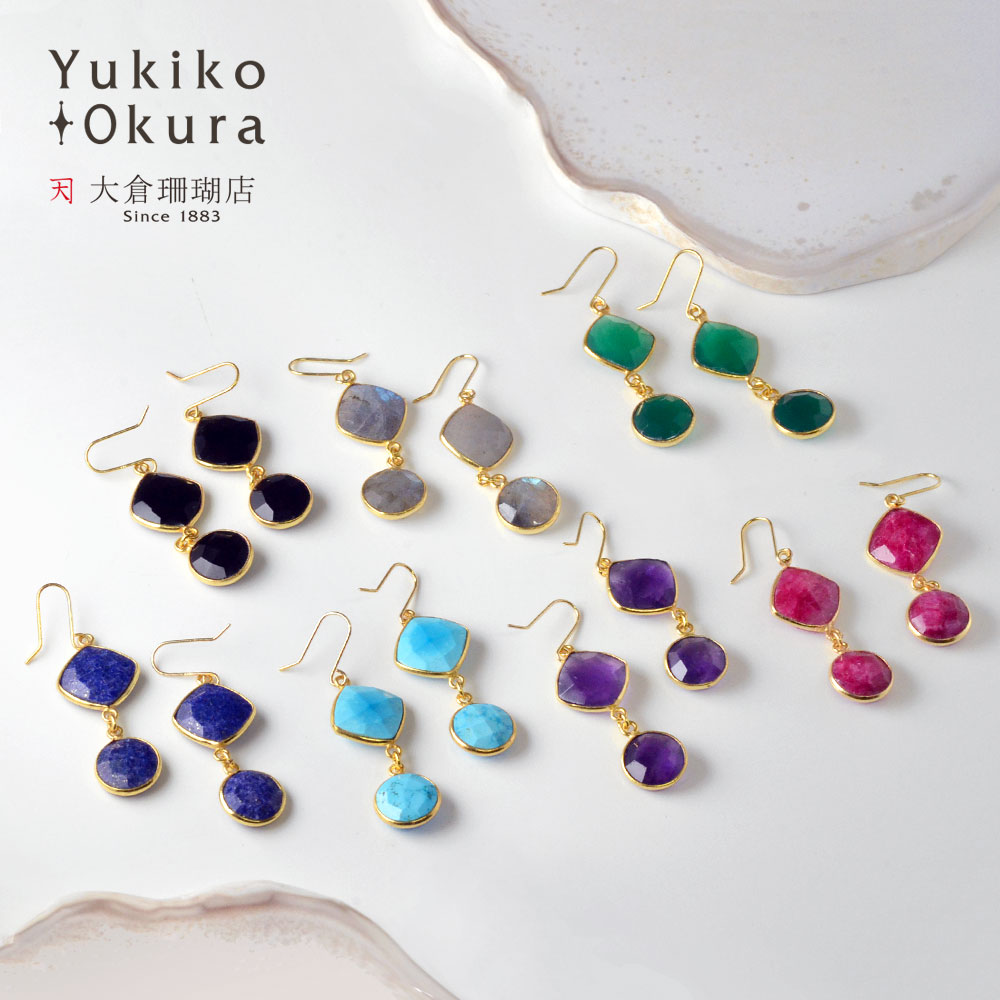 カラーストーン スクエア×コイン イヤリング ピアス