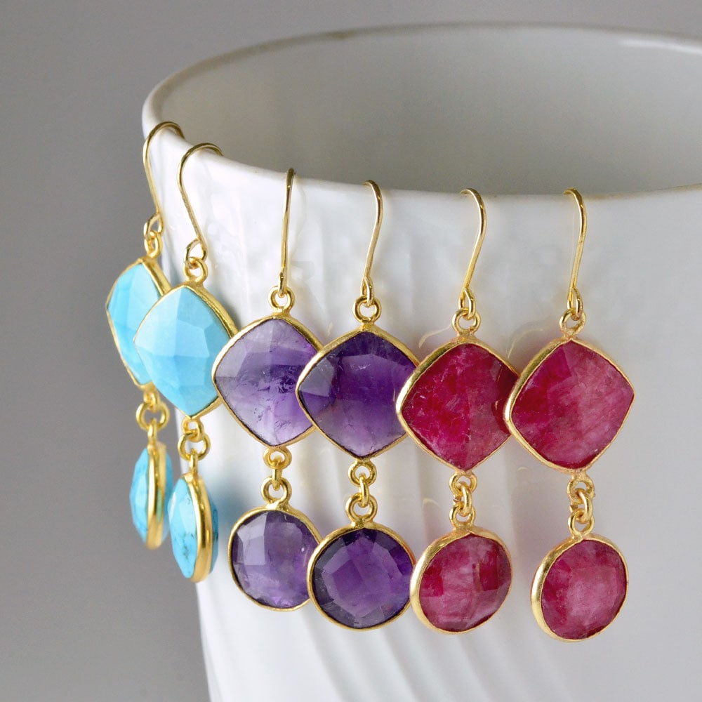 カラーストーン スクエア×コイン イヤリング ピアス