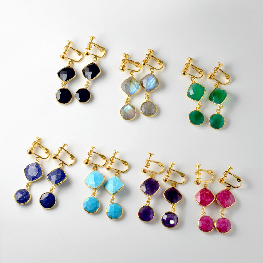 カラーストーン スクエア×コイン イヤリング ピアス
