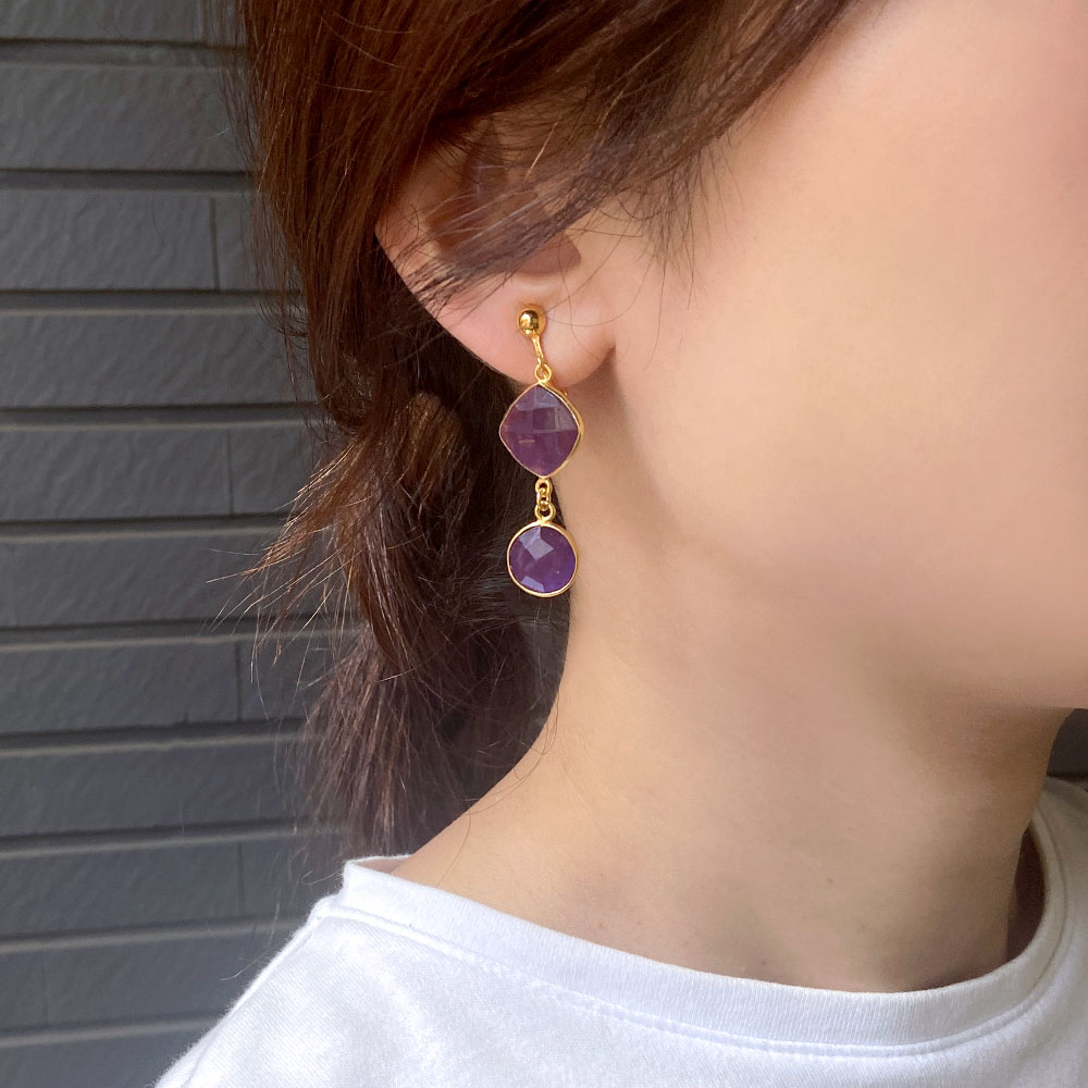 カラーストーン スクエア×コイン イヤリング ピアス