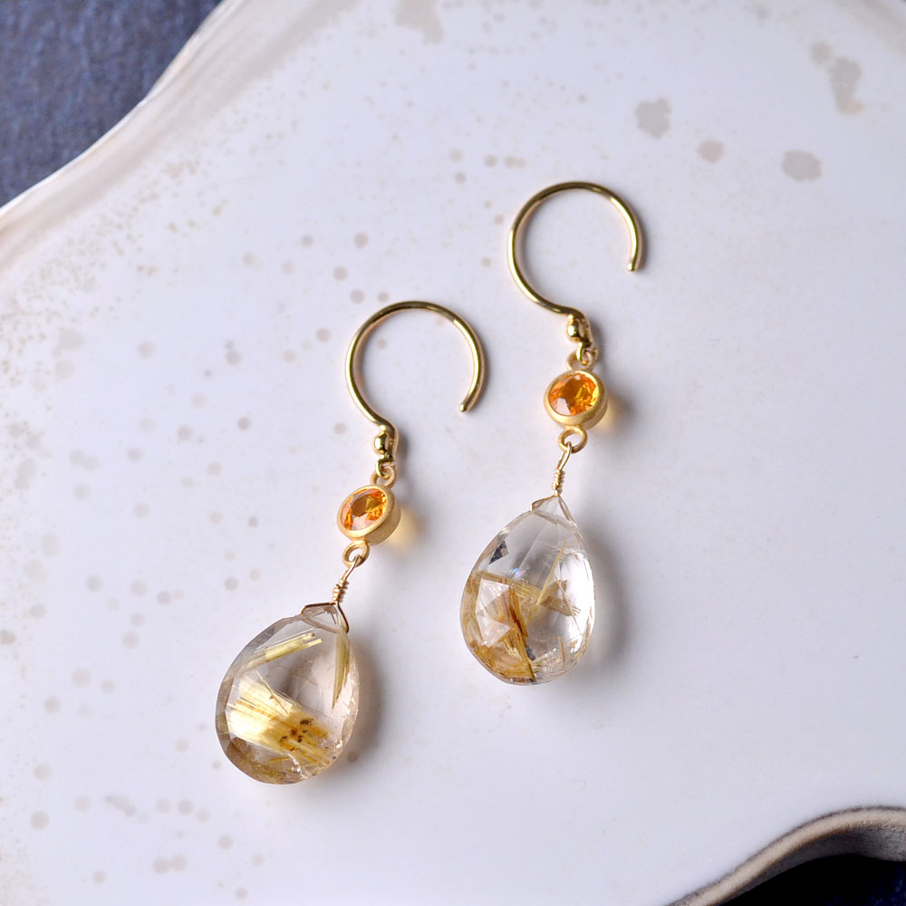 K18 天然石 ピアス(タンザナイト・ローズクォーツ×ピンクサファイア・サンストーン×レッドサファイア・ルチルクォーツ×オレンジサファイア)