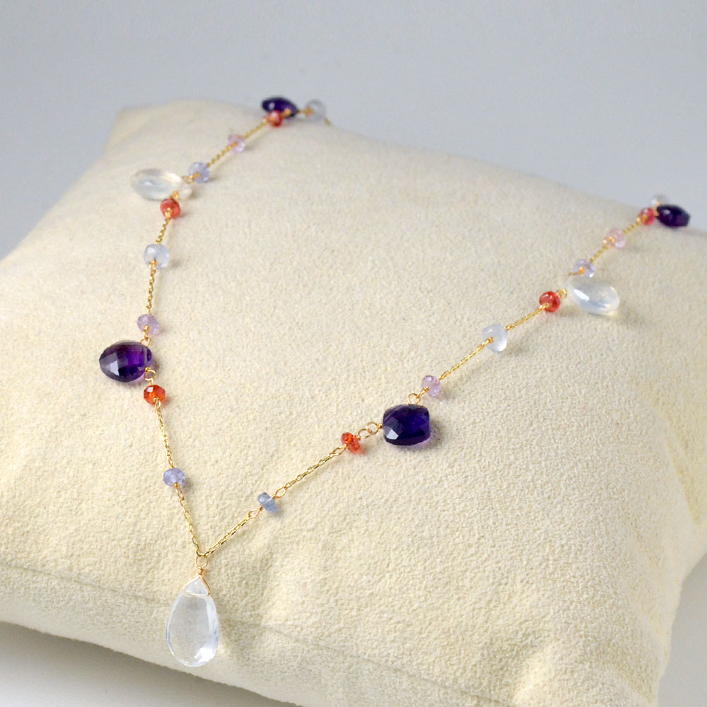 K18 ミルキークォーツ アメシスト カルセドニーステーションネックレス