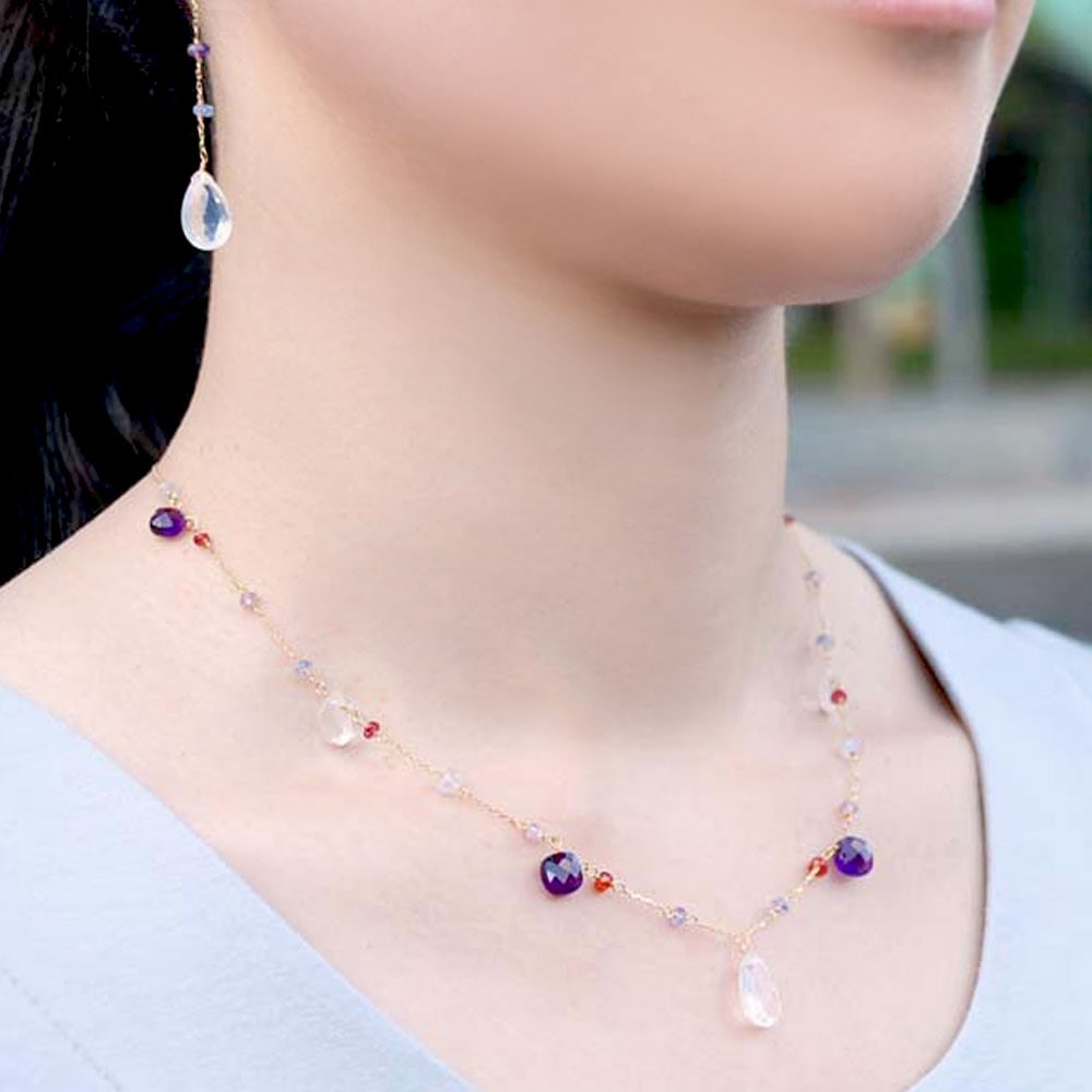 K18 ミルキークォーツ アメシスト カルセドニーステーションネックレス